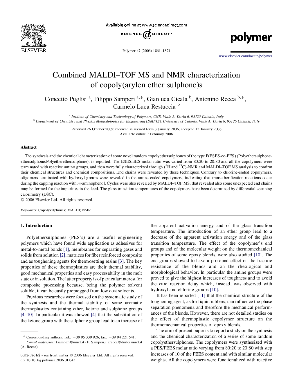 Combined MALDI-TOF MS and NMR characterization of copoly(arylen ether sulphone)s