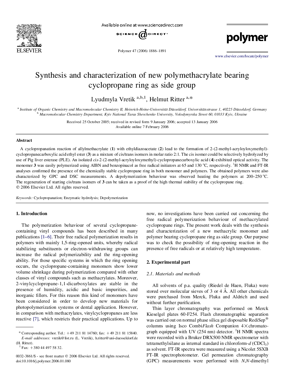 Synthesis and characterization of new polymethacrylate bearing cyclopropane ring as side group