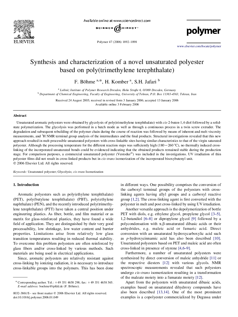 Synthesis and characterization of a novel unsaturated polyester based on poly(trimethylene terephthalate)