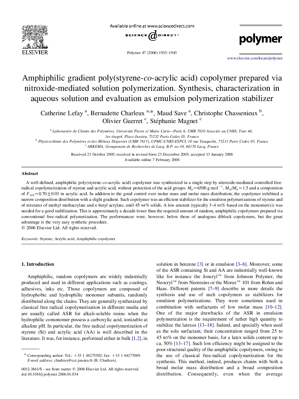 Amphiphilic gradient poly(styrene-co-acrylic acid) copolymer prepared via nitroxide-mediated solution polymerization. Synthesis, characterization in aqueous solution and evaluation as emulsion polymerization stabilizer