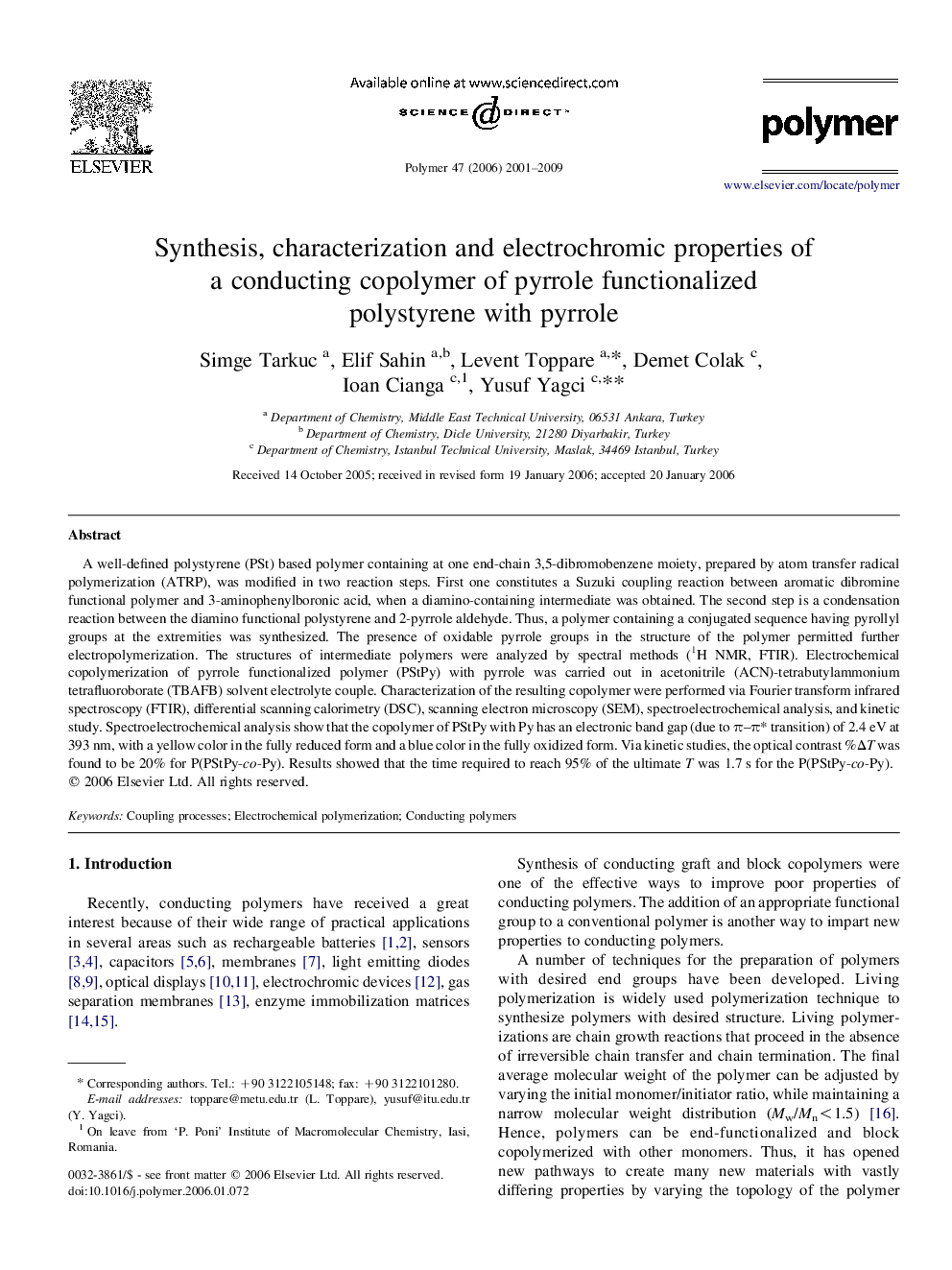 Synthesis, characterization and electrochromic properties of a conducting copolymer of pyrrole functionalized polystyrene with pyrrole