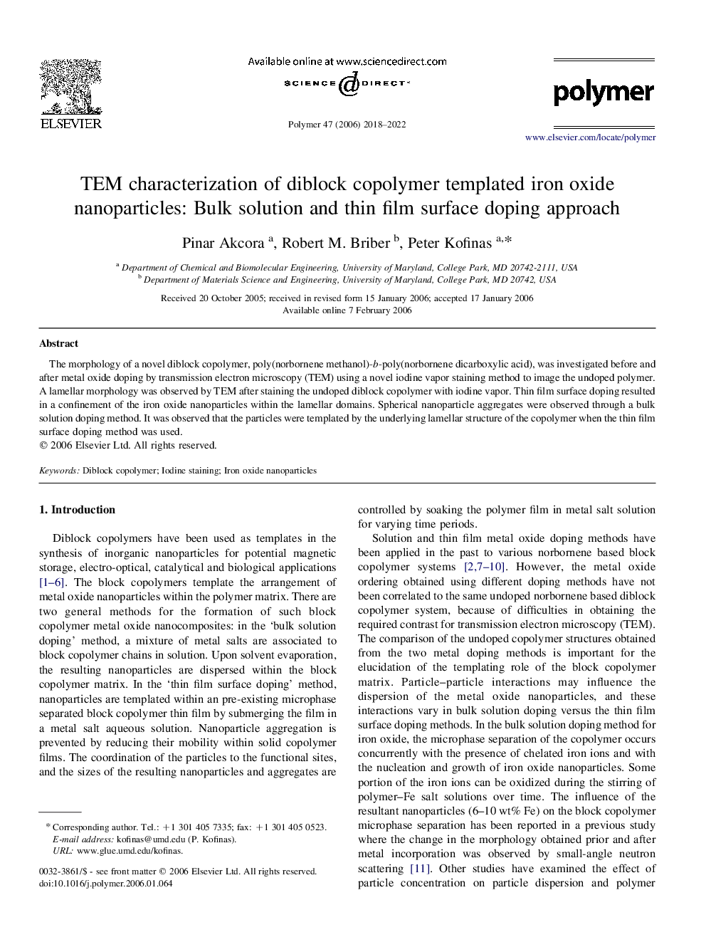 TEM characterization of diblock copolymer templated iron oxide nanoparticles: Bulk solution and thin film surface doping approach