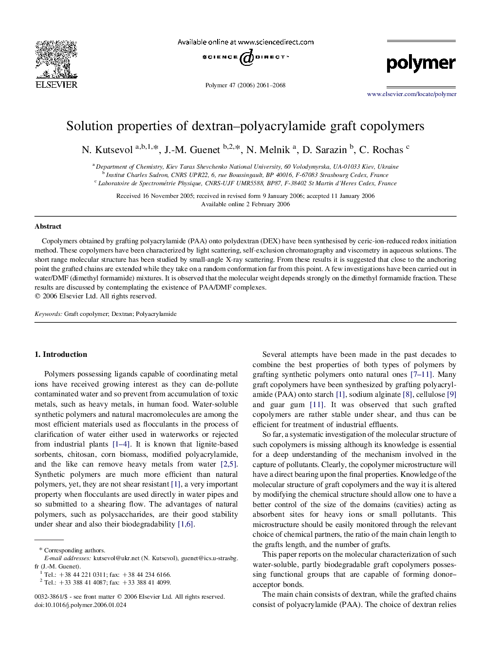 Solution properties of dextran-polyacrylamide graft copolymers