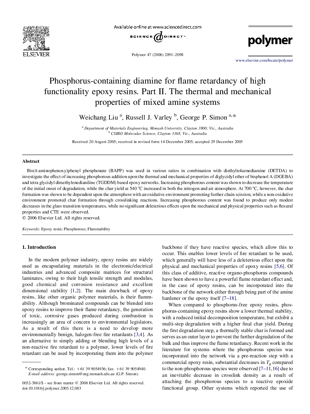 Phosphorus-containing diamine for flame retardancy of high functionality epoxy resins. Part II. The thermal and mechanical properties of mixed amine systems