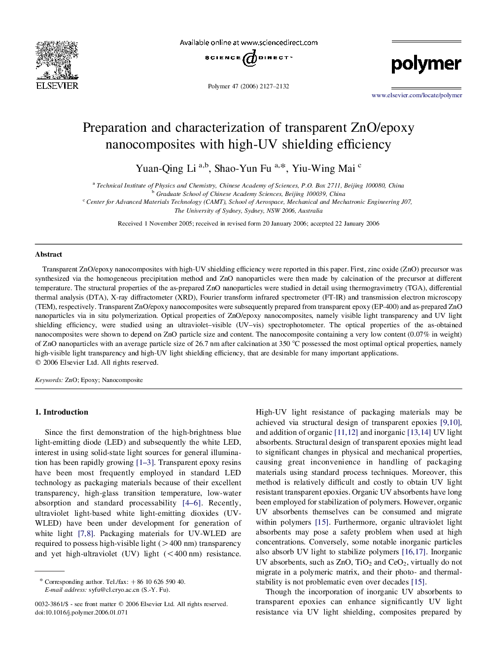 Preparation and characterization of transparent ZnO/epoxy nanocomposites with high-UV shielding efficiency