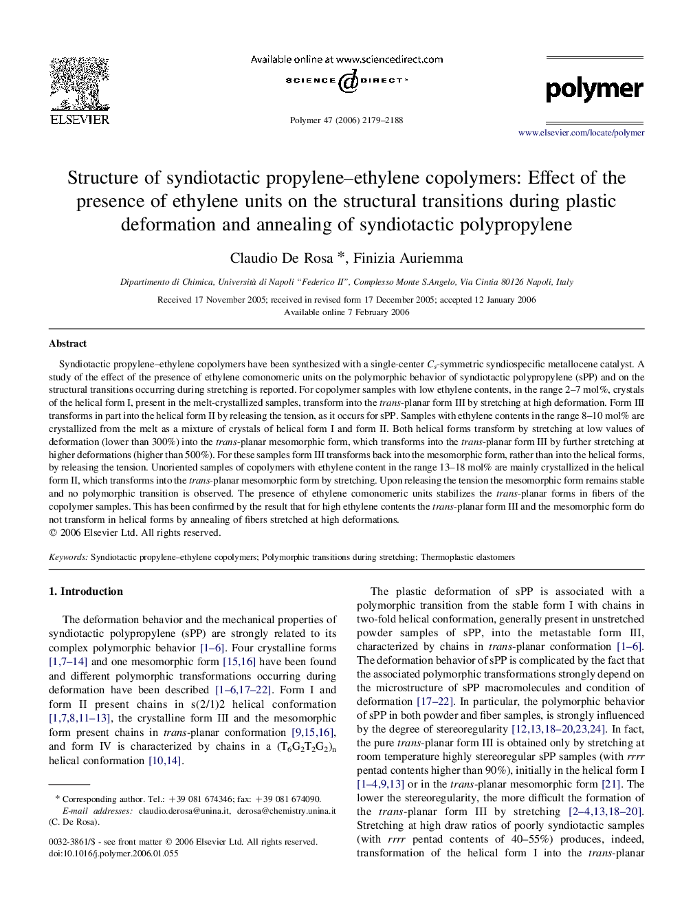 Structure of syndiotactic propylene-ethylene copolymers: Effect of the presence of ethylene units on the structural transitions during plastic deformation and annealing of syndiotactic polypropylene