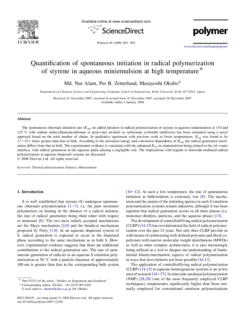 Quantification of spontaneous initiation in radical polymerization of styrene in aqueous miniemulsion at high temperature