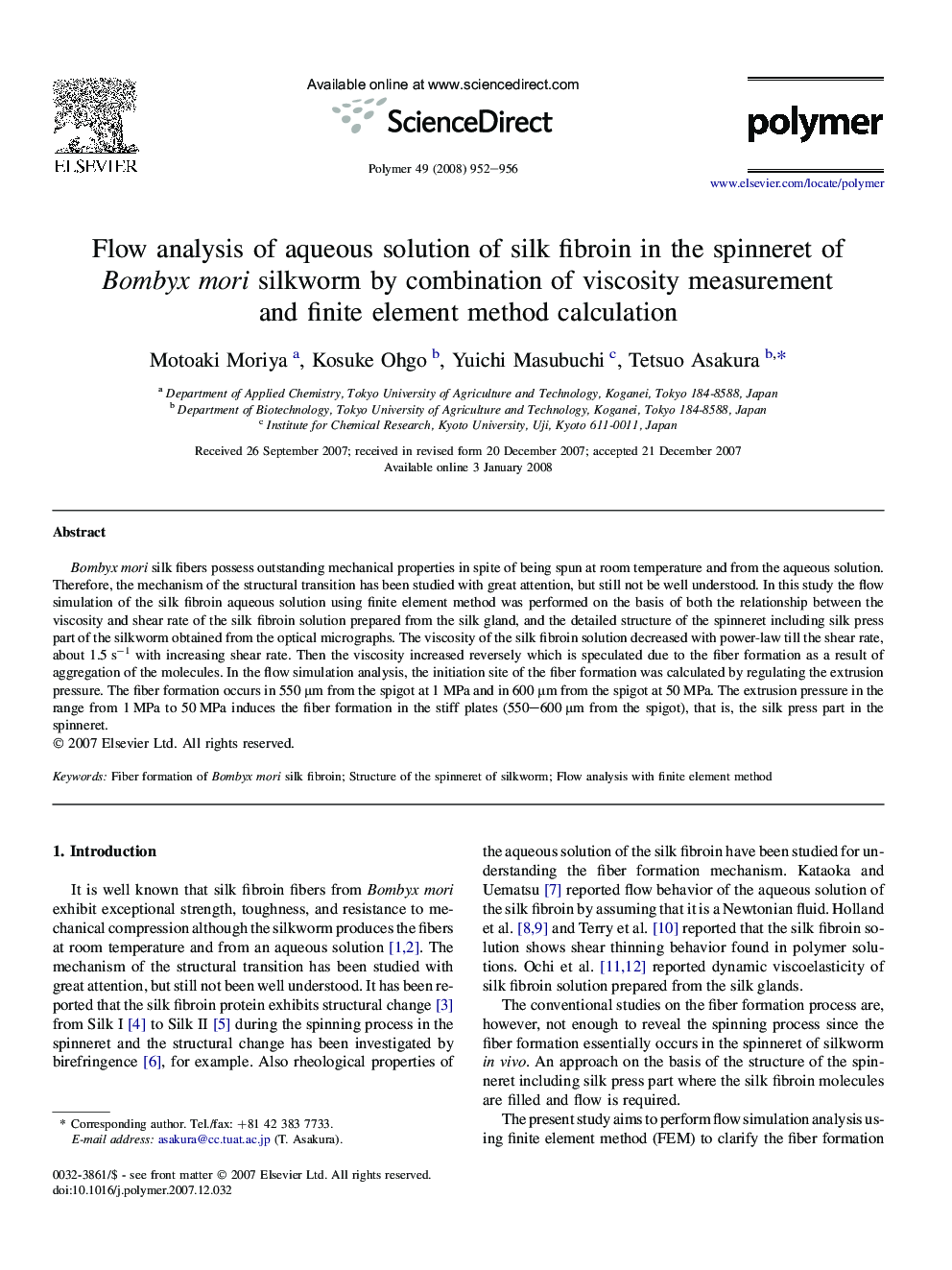 Flow analysis of aqueous solution of silk fibroin in the spinneret of Bombyx mori silkworm by combination of viscosity measurement and finite element method calculation