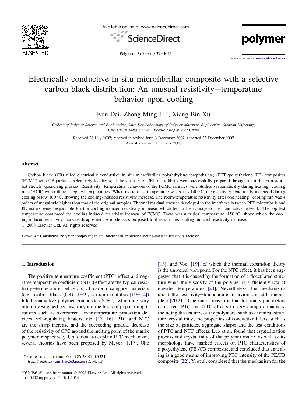 Electrically conductive in situ microfibrillar composite with a selective carbon black distribution: An unusual resistivity-temperature behavior upon cooling