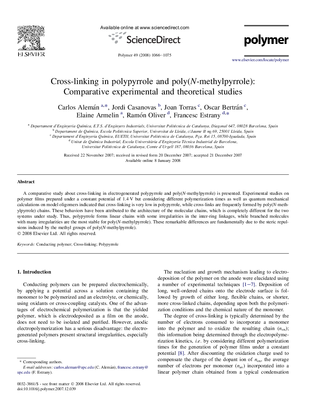 Cross-linking in polypyrrole and poly(N-methylpyrrole): Comparative experimental and theoretical studies