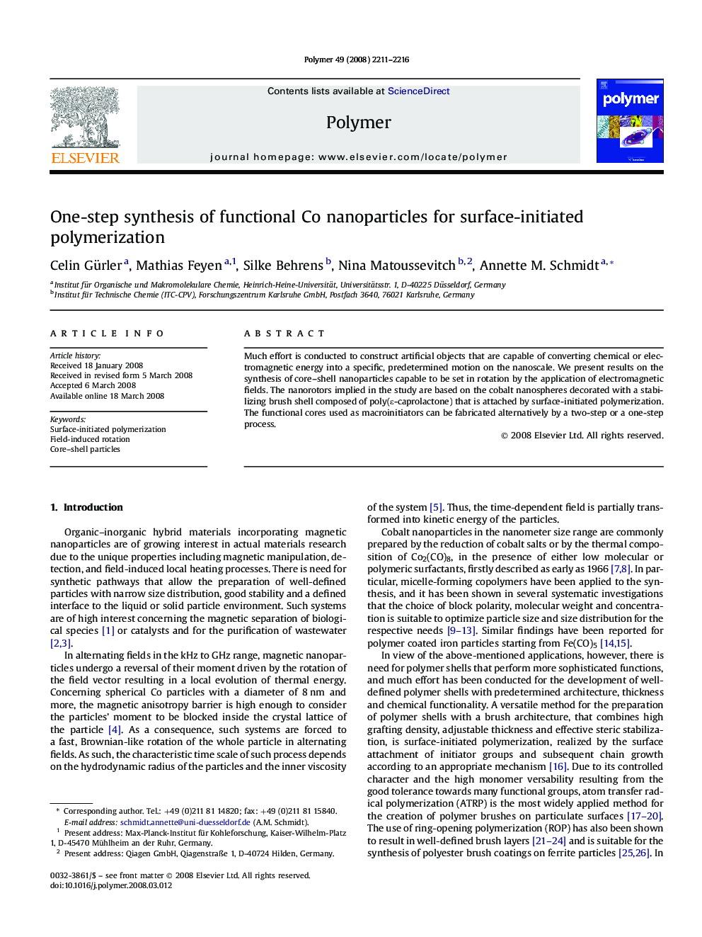 One-step synthesis of functional Co nanoparticles for surface-initiated polymerization