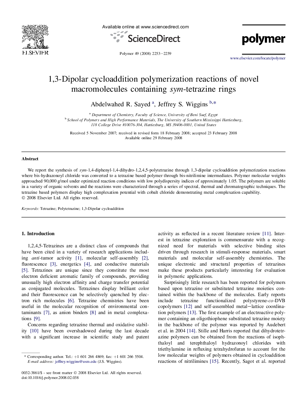 1,3-Dipolar cycloaddition polymerization reactions of novel macromolecules containing sym-tetrazine rings