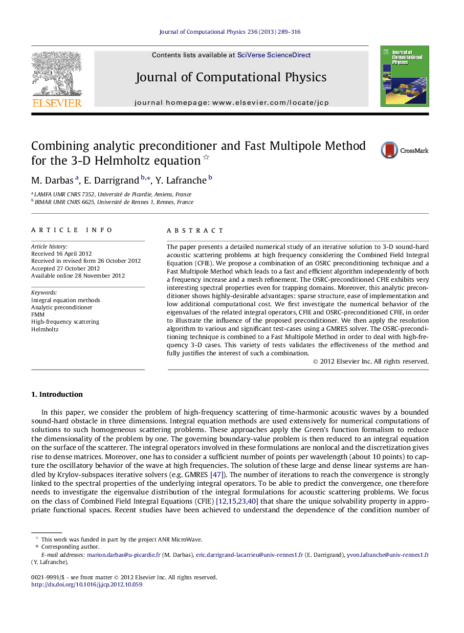 Combining analytic preconditioner and Fast Multipole Method for the 3-D Helmholtz equation 