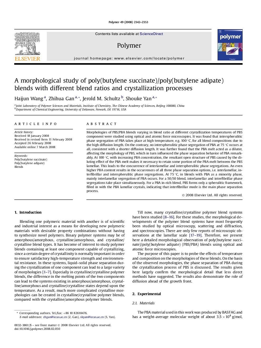 A morphological study of poly(butylene succinate)/poly(butylene adipate) blends with different blend ratios and crystallization processes