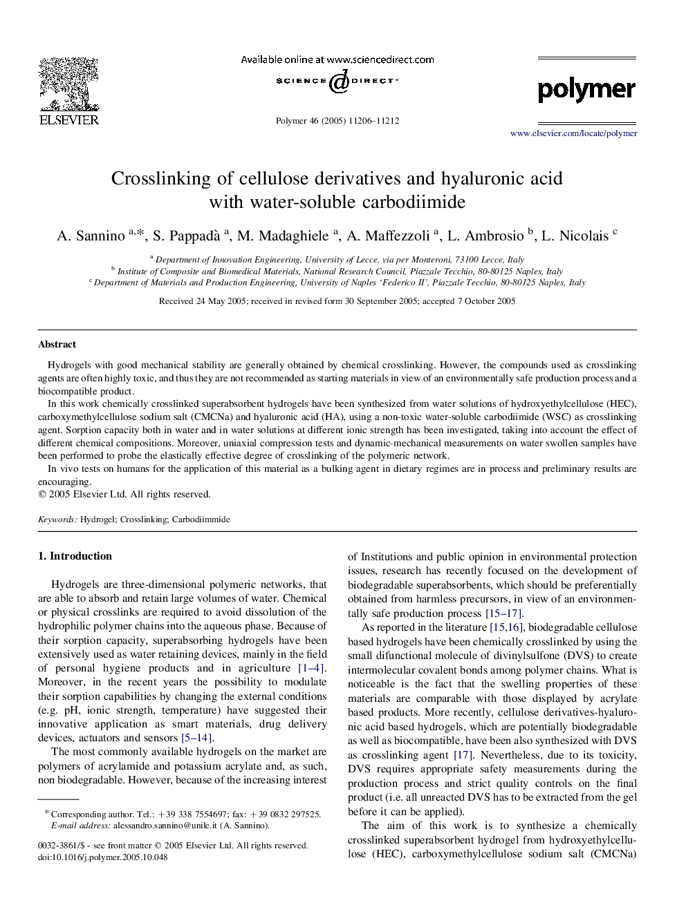 Crosslinking of cellulose derivatives and hyaluronic acid with water-soluble carbodiimide