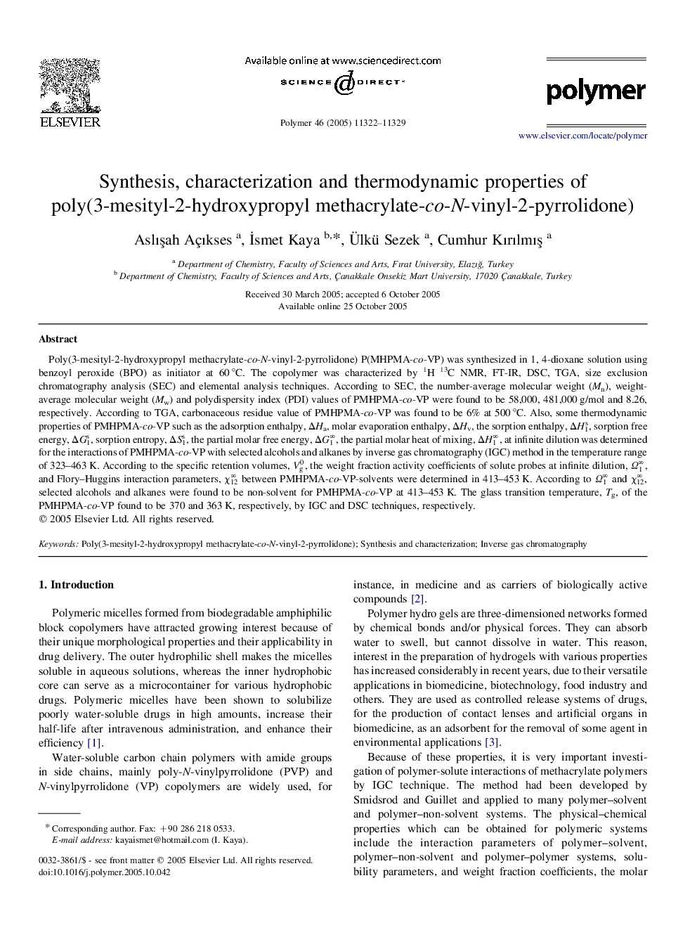 Synthesis, characterization and thermodynamic properties of poly(3-mesityl-2-hydroxypropyl methacrylate-co-N-vinyl-2-pyrrolidone)