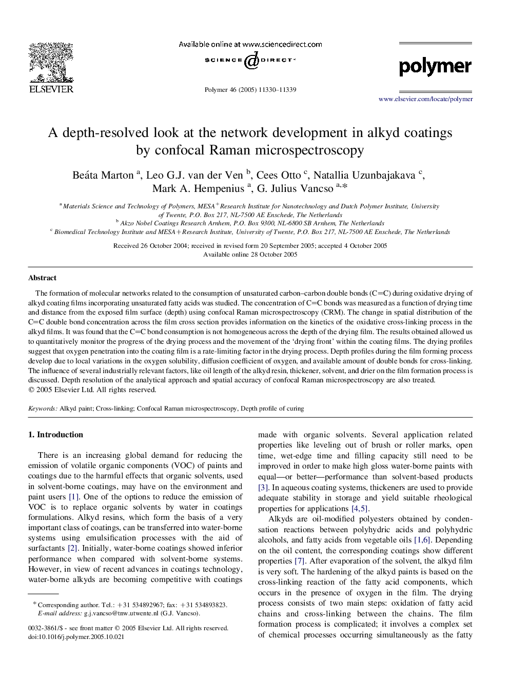 A depth-resolved look at the network development in alkyd coatings by confocal Raman microspectroscopy