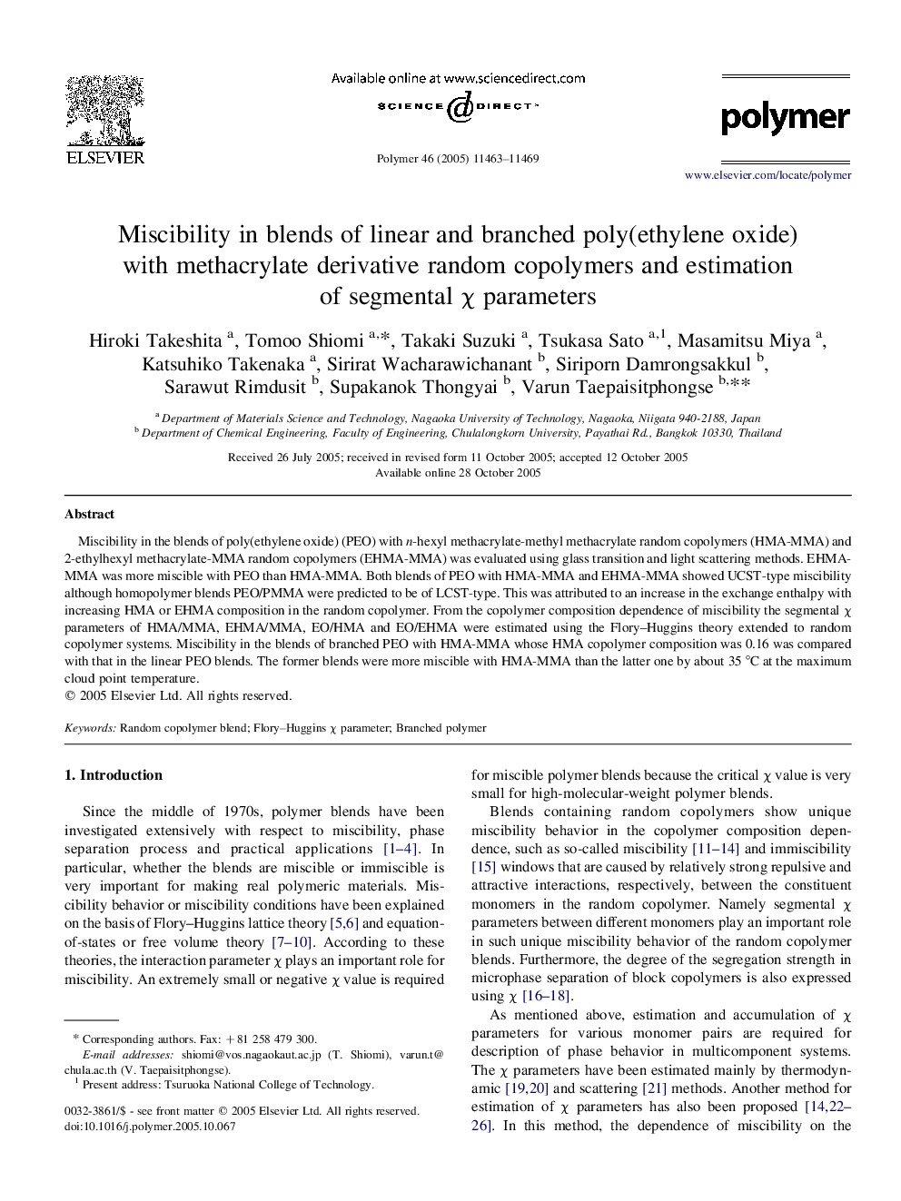 Miscibility in blends of linear and branched poly(ethylene oxide) with methacrylate derivative random copolymers and estimation of segmental Ï parameters