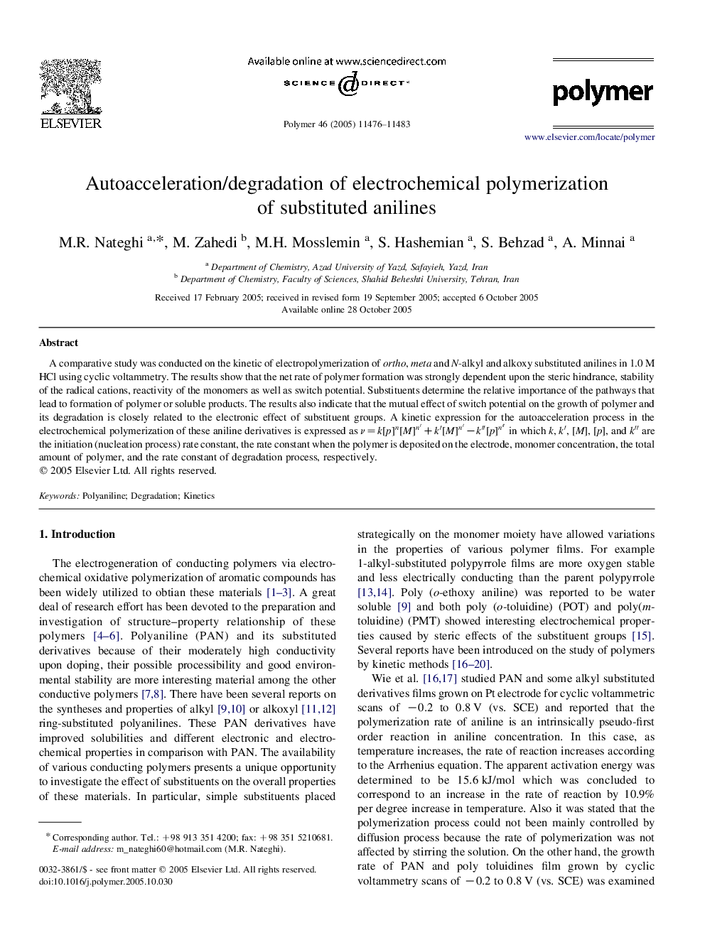Autoacceleration/degradation of electrochemical polymerization of substituted anilines