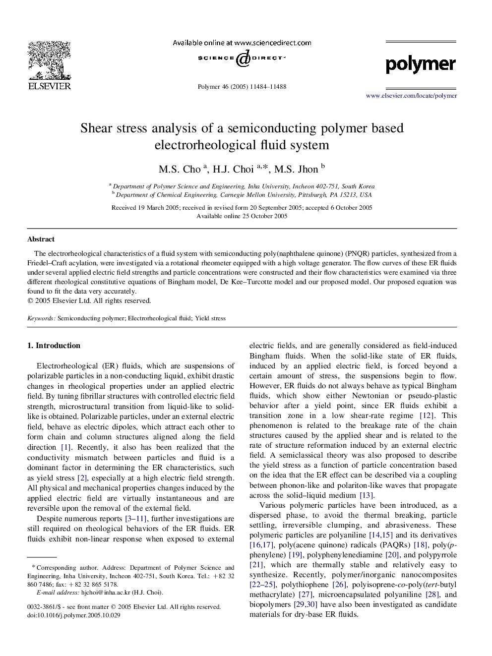 Shear stress analysis of a semiconducting polymer based electrorheological fluid system