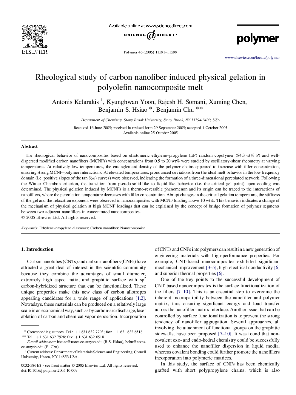 Rheological study of carbon nanofiber induced physical gelation in polyolefin nanocomposite melt