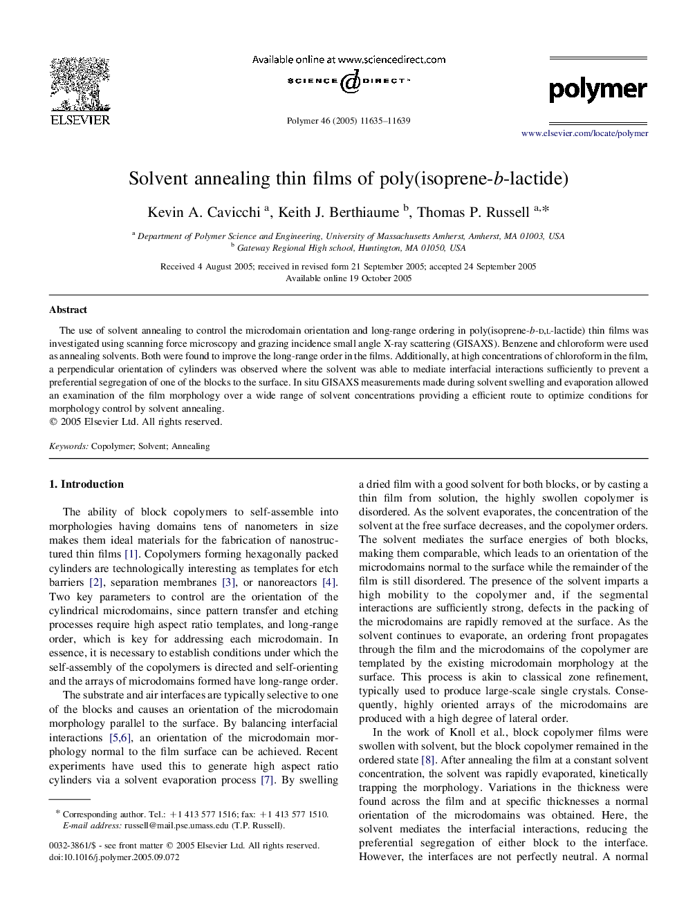 Solvent annealing thin films of poly(isoprene-b-lactide)