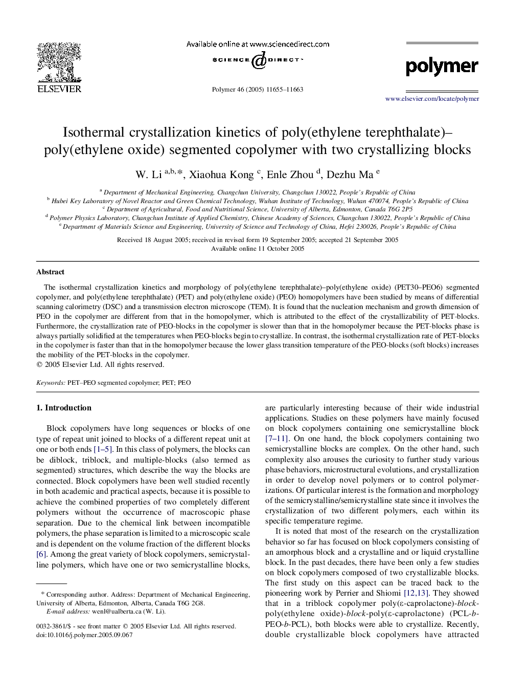 Isothermal crystallization kinetics of poly(ethylene terephthalate)-poly(ethylene oxide) segmented copolymer with two crystallizing blocks