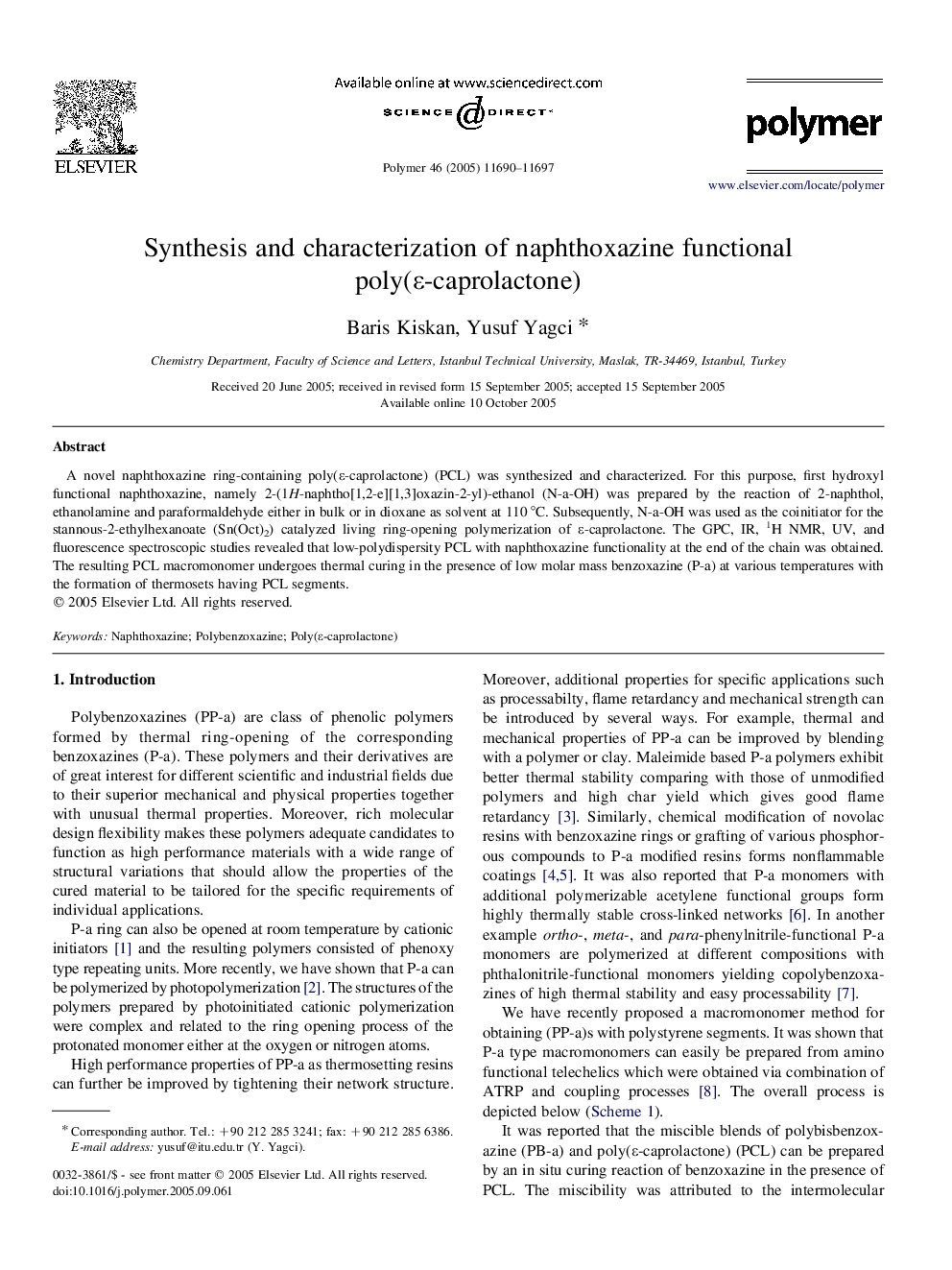 Synthesis and characterization of naphthoxazine functional poly(Îµ-caprolactone)