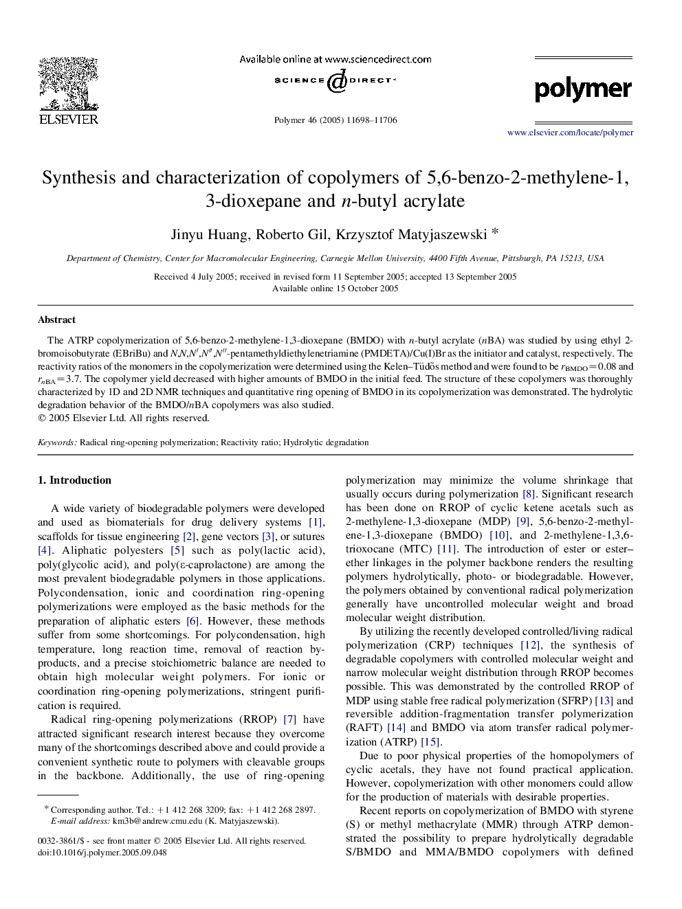 عکس صفحه اول مقاله: Synthesis and characterization of copolymers of 5,6-benzo-2-methylene-1,3-dioxepane and n-butyl acrylate Synthesis and characterization of copolymers of 5,6-benzo-2-methylene-1,3-dioxepane and n-butyl acrylate