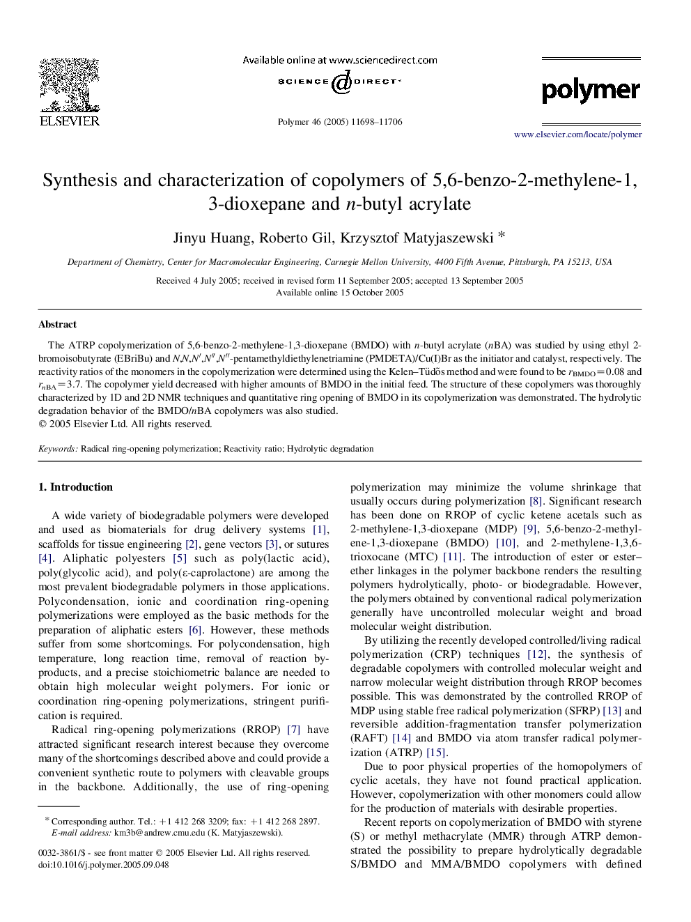 Synthesis and characterization of copolymers of 5,6-benzo-2-methylene-1,3-dioxepane and n-butyl acrylate