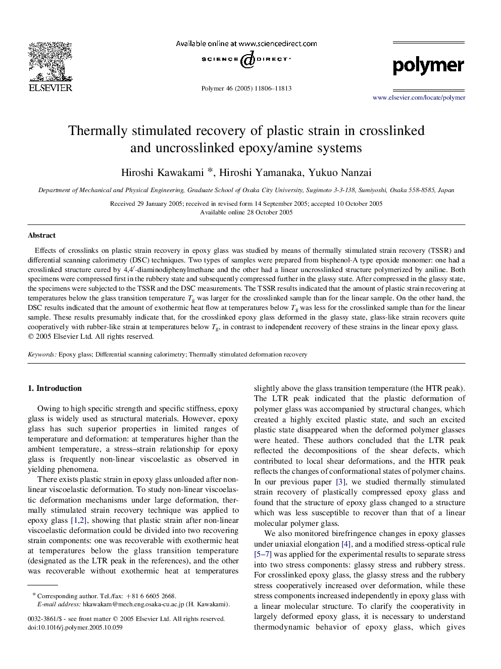 Thermally stimulated recovery of plastic strain in crosslinked and uncrosslinked epoxy/amine systems