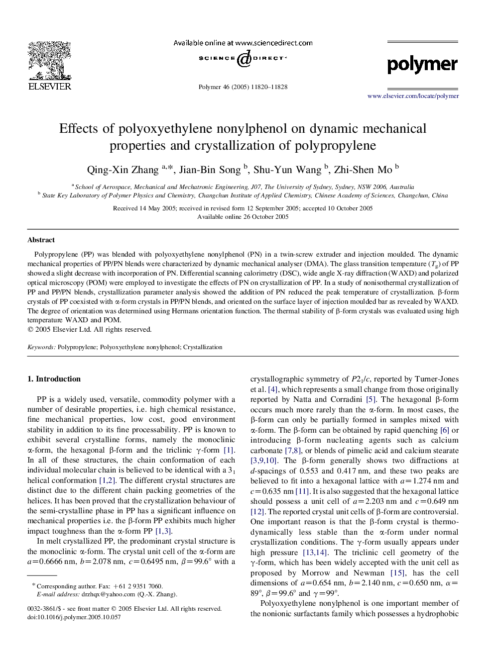 Effects of polyoxyethylene nonylphenol on dynamic mechanical properties and crystallization of polypropylene