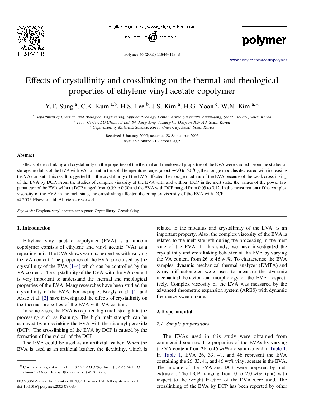 Effects of crystallinity and crosslinking on the thermal and rheological properties of ethylene vinyl acetate copolymer