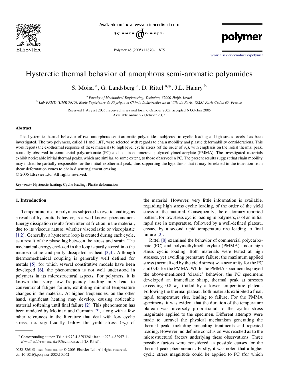 Hysteretic thermal behavior of amorphous semi-aromatic polyamides