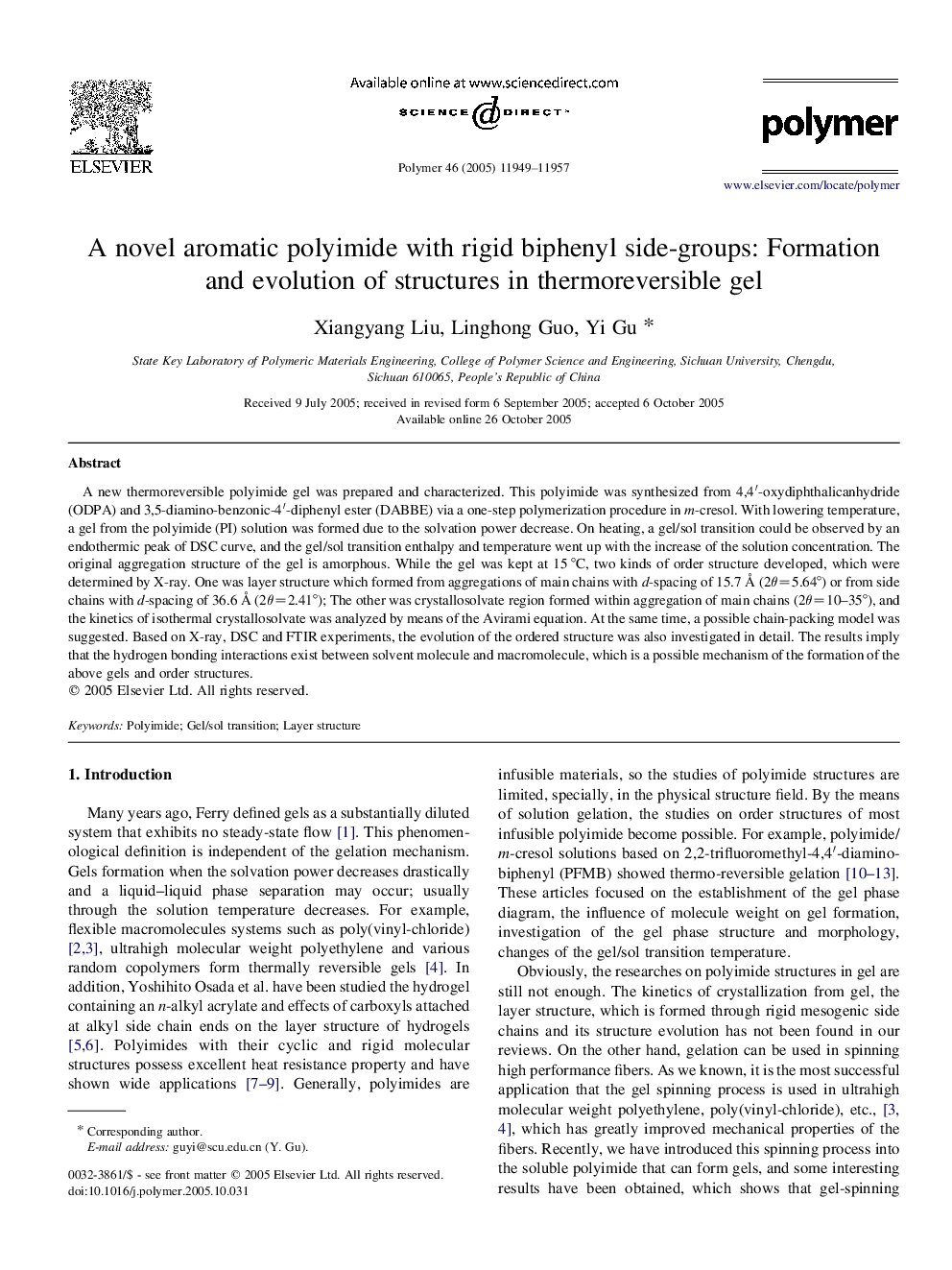 A novel aromatic polyimide with rigid biphenyl side-groups: Formation and evolution of structures in thermoreversible gel