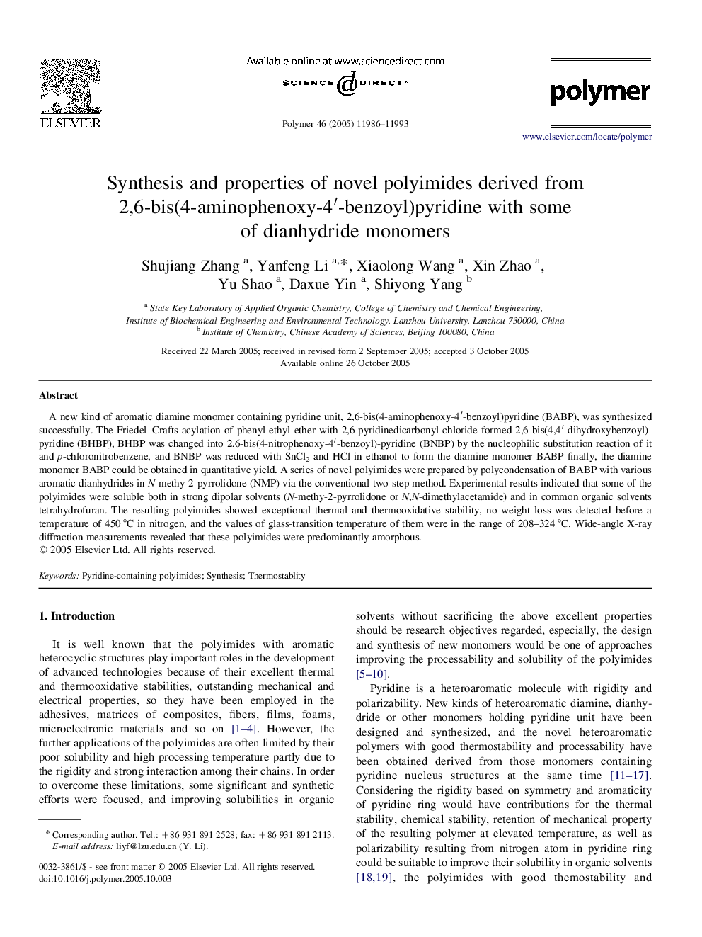 Synthesis and properties of novel polyimides derived from 2,6-bis(4-aminophenoxy-4â²-benzoyl)pyridine with some of dianhydride monomers