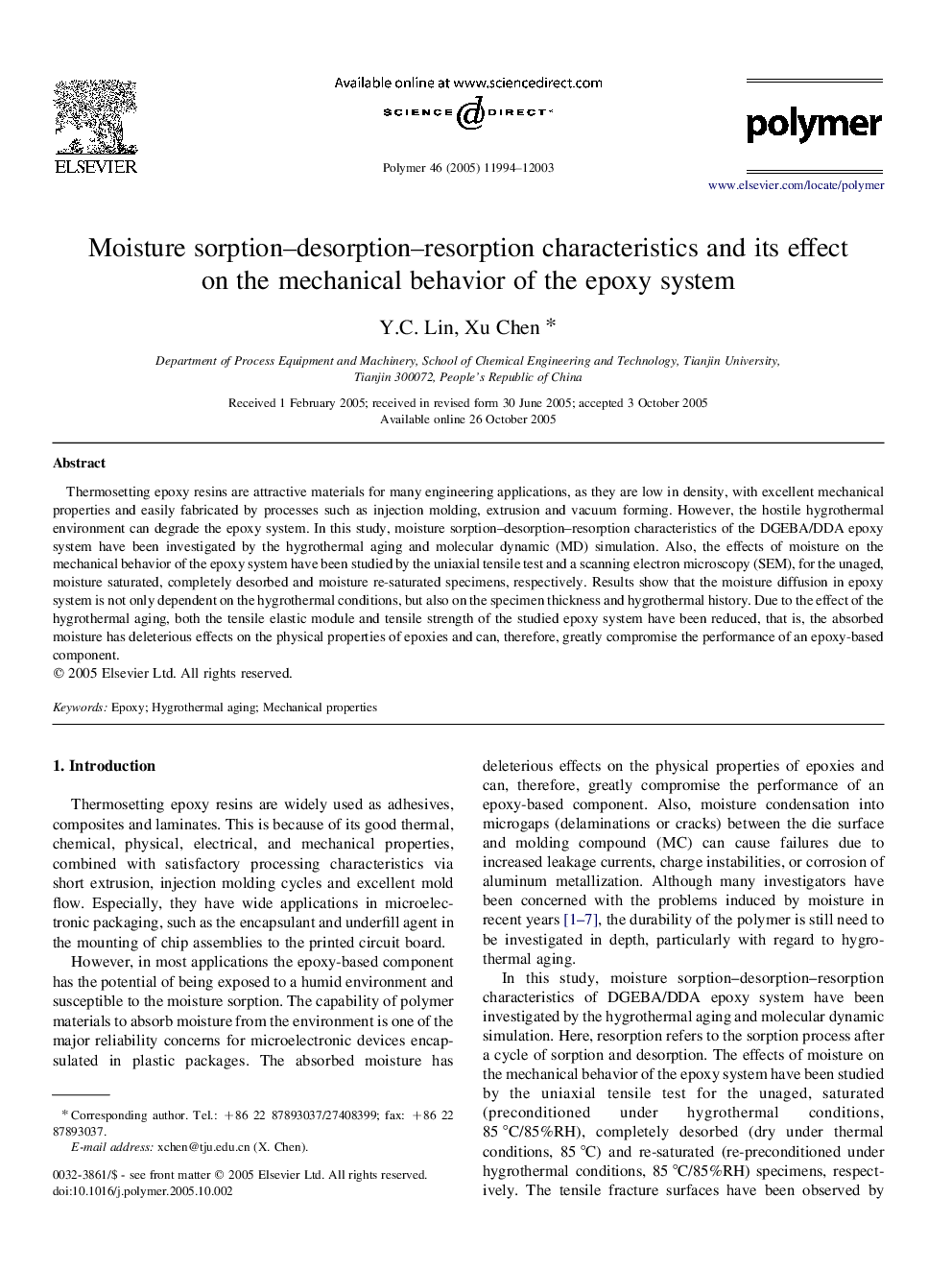 Moisture sorption-desorption-resorption characteristics and its effect on the mechanical behavior of the epoxy system