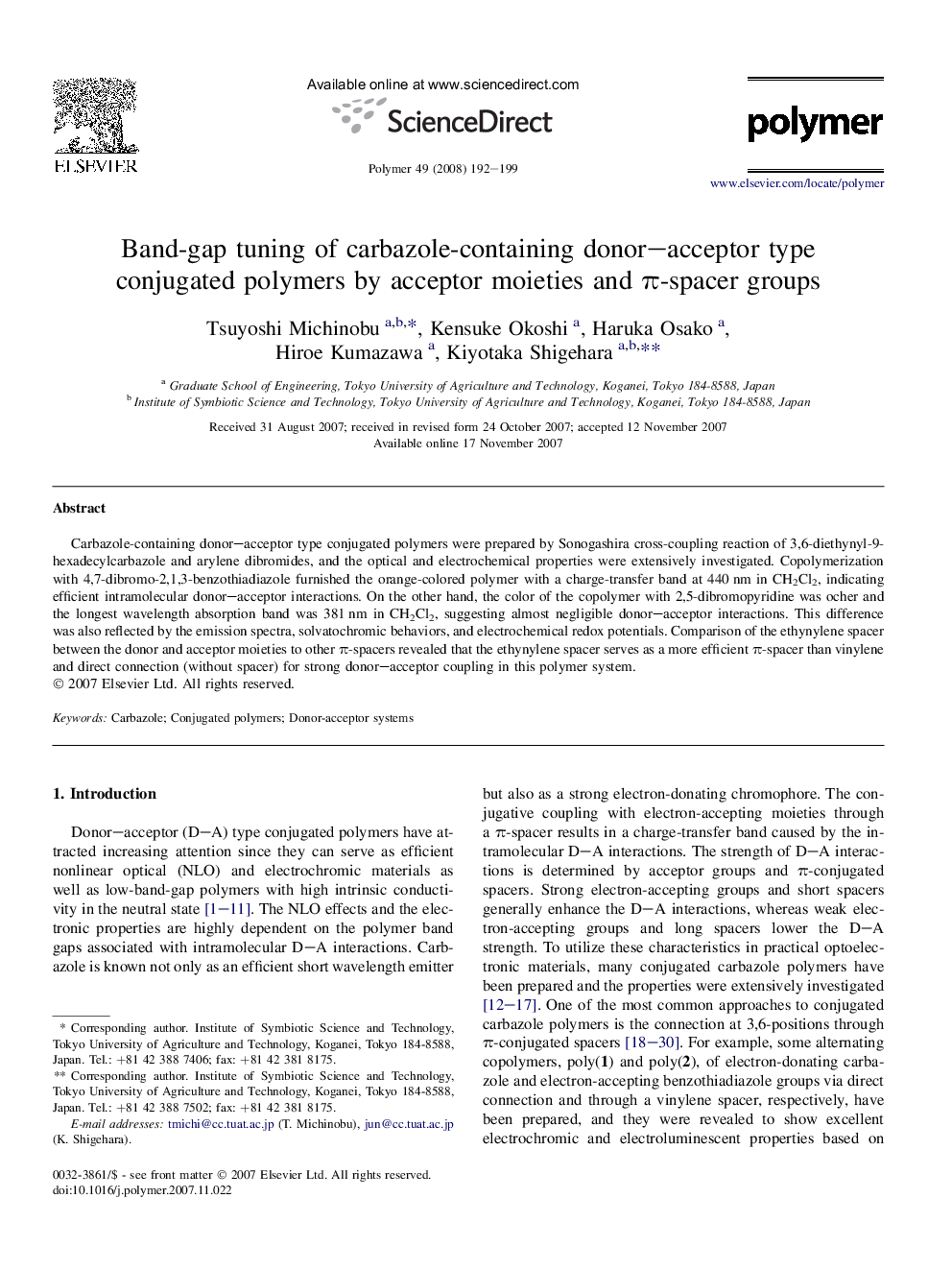 Band-gap tuning of carbazole-containing donor-acceptor type conjugated polymers by acceptor moieties and Ï-spacer groups