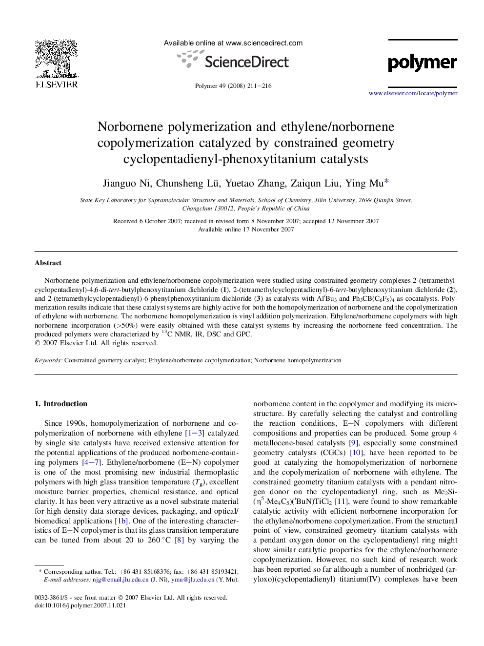 Norbornene polymerization and ethylene/norbornene copolymerization catalyzed by constrained geometry cyclopentadienyl-phenoxytitanium catalysts