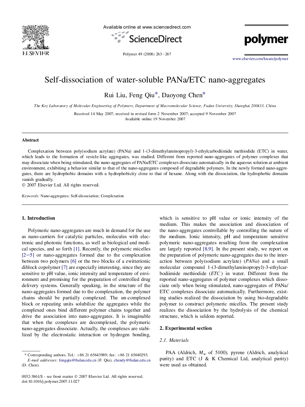 Self-dissociation of water-soluble PANa/ETC nano-aggregates