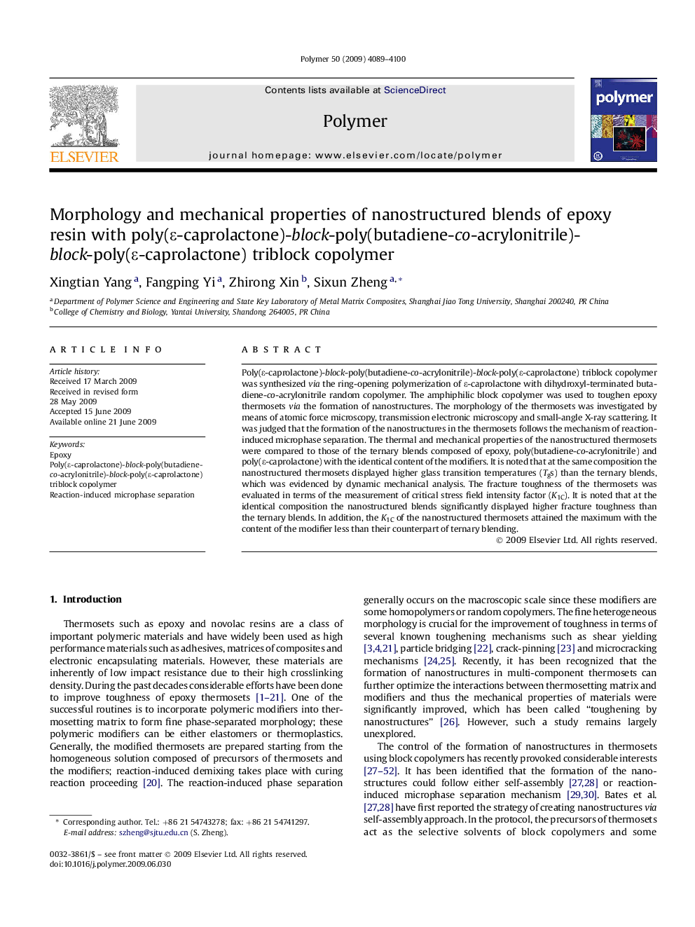 Morphology and mechanical properties of nanostructured blends of epoxy resin with poly(É-caprolactone)-block-poly(butadiene-co-acrylonitrile)-block-poly(É-caprolactone) triblock copolymer