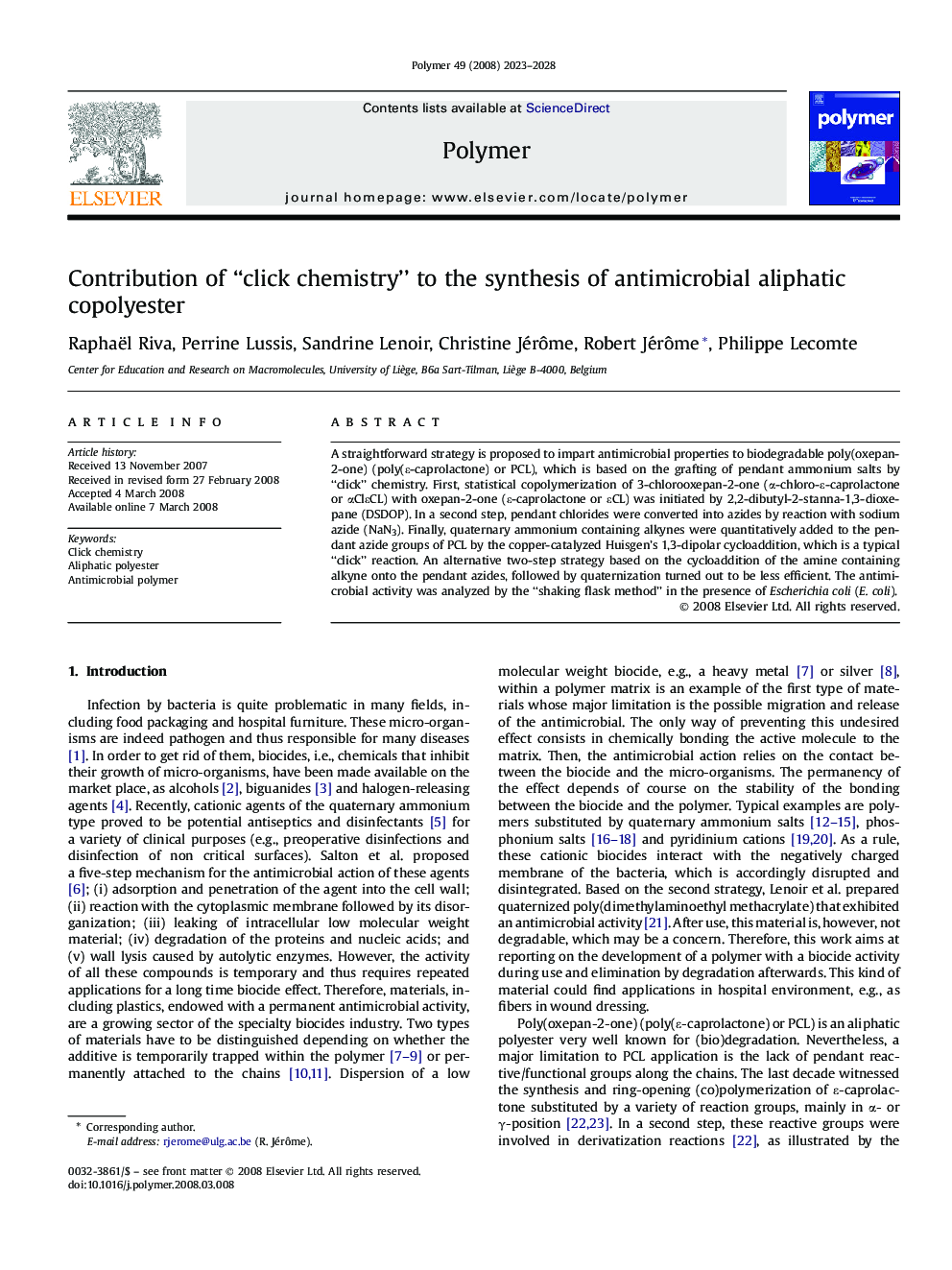 Contribution of “click chemistry” to the synthesis of antimicrobial aliphatic copolyester