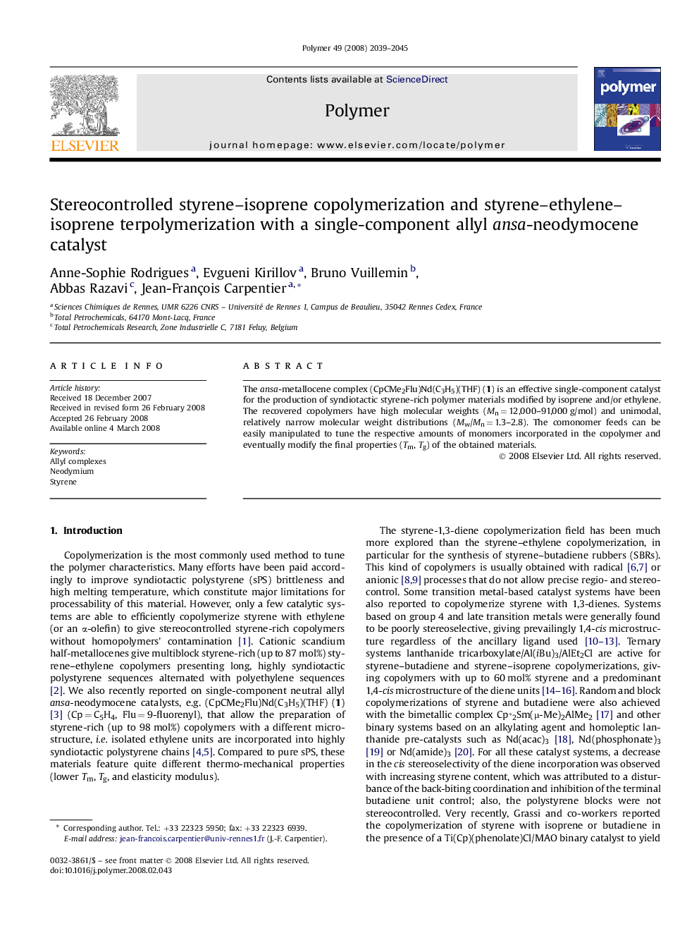 Stereocontrolled styrene-isoprene copolymerization and styrene-ethylene-isoprene terpolymerization with a single-component allyl ansa-neodymocene catalyst