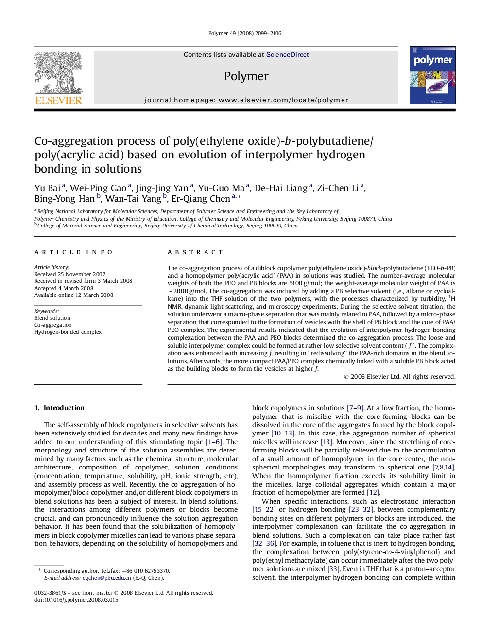 Co-aggregation process of poly(ethylene oxide)-b-polybutadiene/poly(acrylic acid) based on evolution of interpolymer hydrogen bonding in solutions