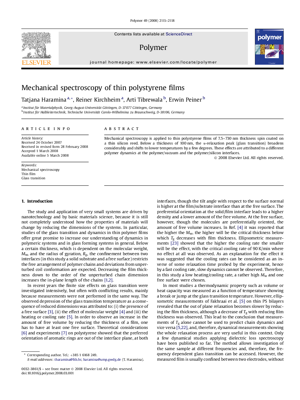 Mechanical spectroscopy of thin polystyrene films