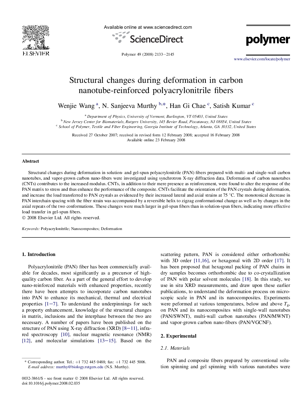 Structural changes during deformation in carbon nanotube-reinforced polyacrylonitrile fibers