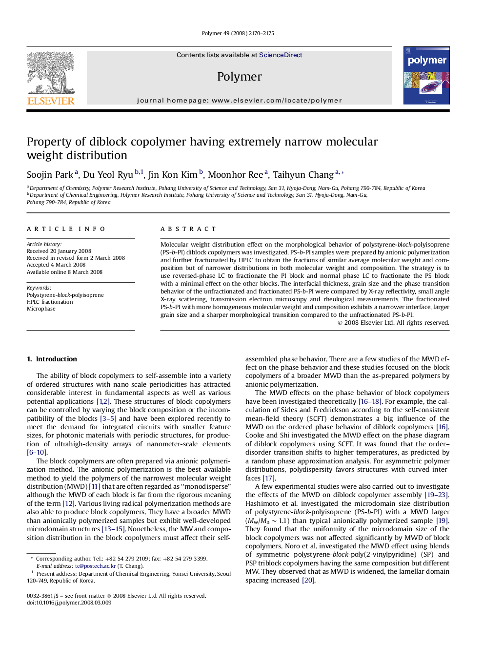 Property of diblock copolymer having extremely narrow molecular weight distribution