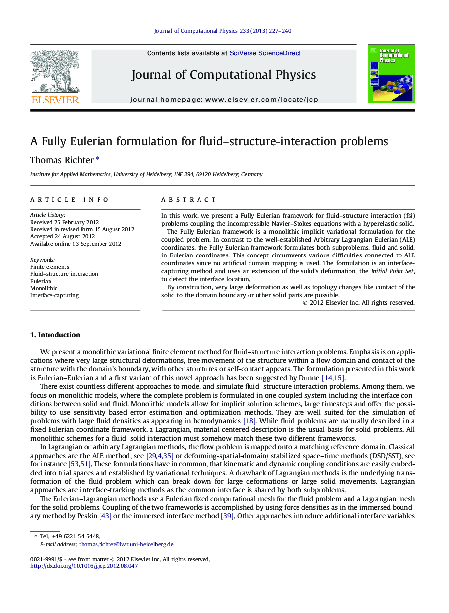 A Fully Eulerian formulation for fluid–structure-interaction problems