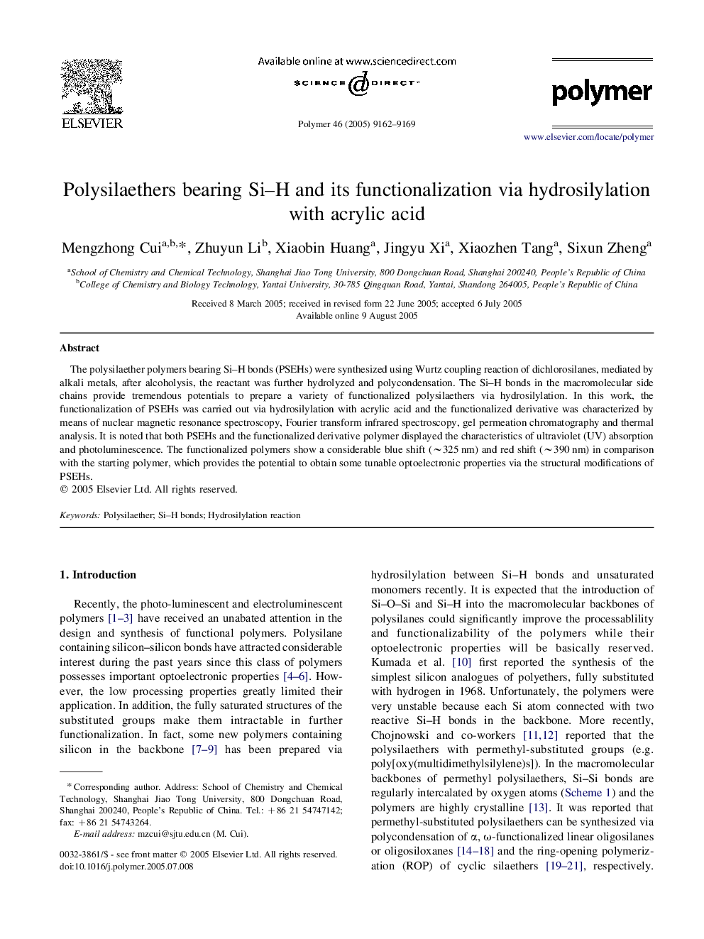 Polysilaethers bearing Si-H and its functionalization via hydrosilylation with acrylic acid