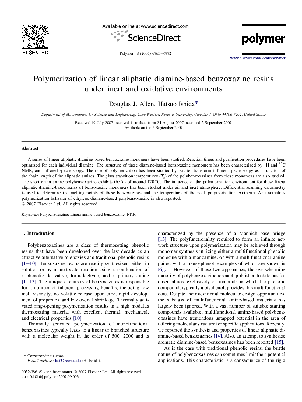 Polymerization of linear aliphatic diamine-based benzoxazine resins under inert and oxidative environments